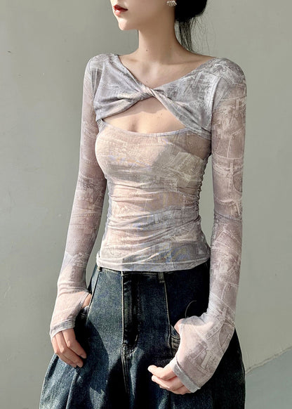 Original Design Twisted Printed Tulle T Shirts Top Autumn AL1062