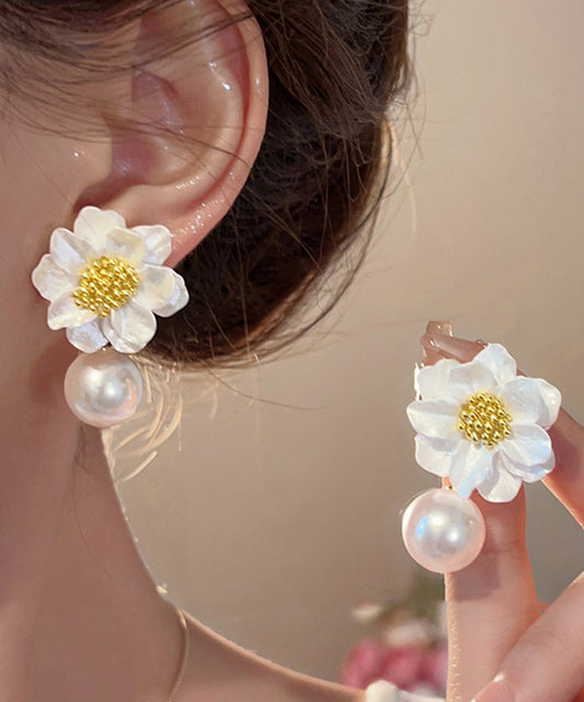 Original Floral Earrings Design Stud Acrylic Alloy White Pearl