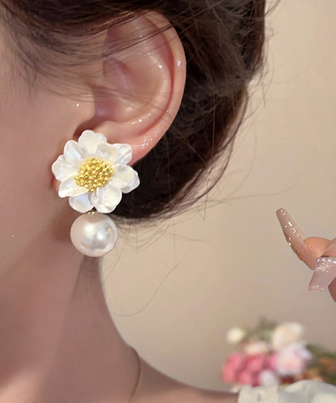 Original Floral Earrings Design Stud Acrylic Alloy White Pearl