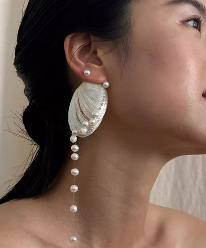 Original Drop White Tassel Alloy Design Shell Pearl Earrings