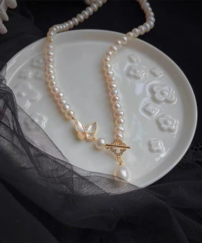 White Original Zircon Pendant Pearl Design Butterfly Alloy