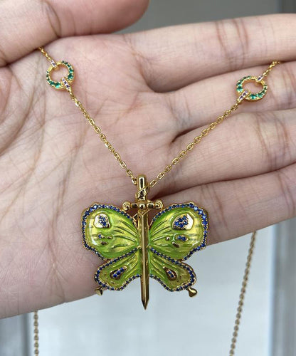 Original Green Sterling Silver Overgild Enamel Butterfly Pendant Necklace QJ004