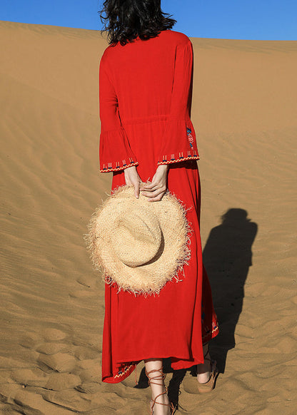 Dresses Long Waist Embroidered Red Tie Cotton Fall Original