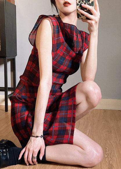 Original Red Plaid O Neck Wrinkled Chiffon Dress Butterfly Sleeve WW1005