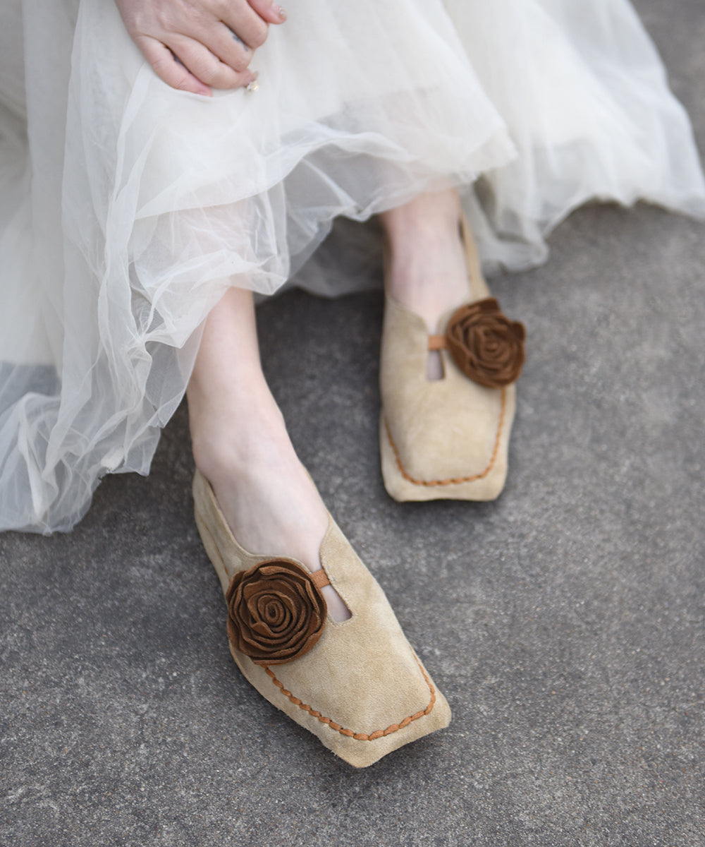 Retro Shoes Suede Apricot Flat Flower Square Original Toe