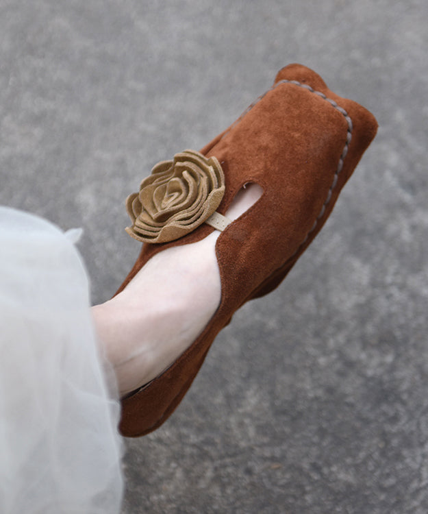 Retro Shoes Suede Apricot Flat Flower Square Original Toe