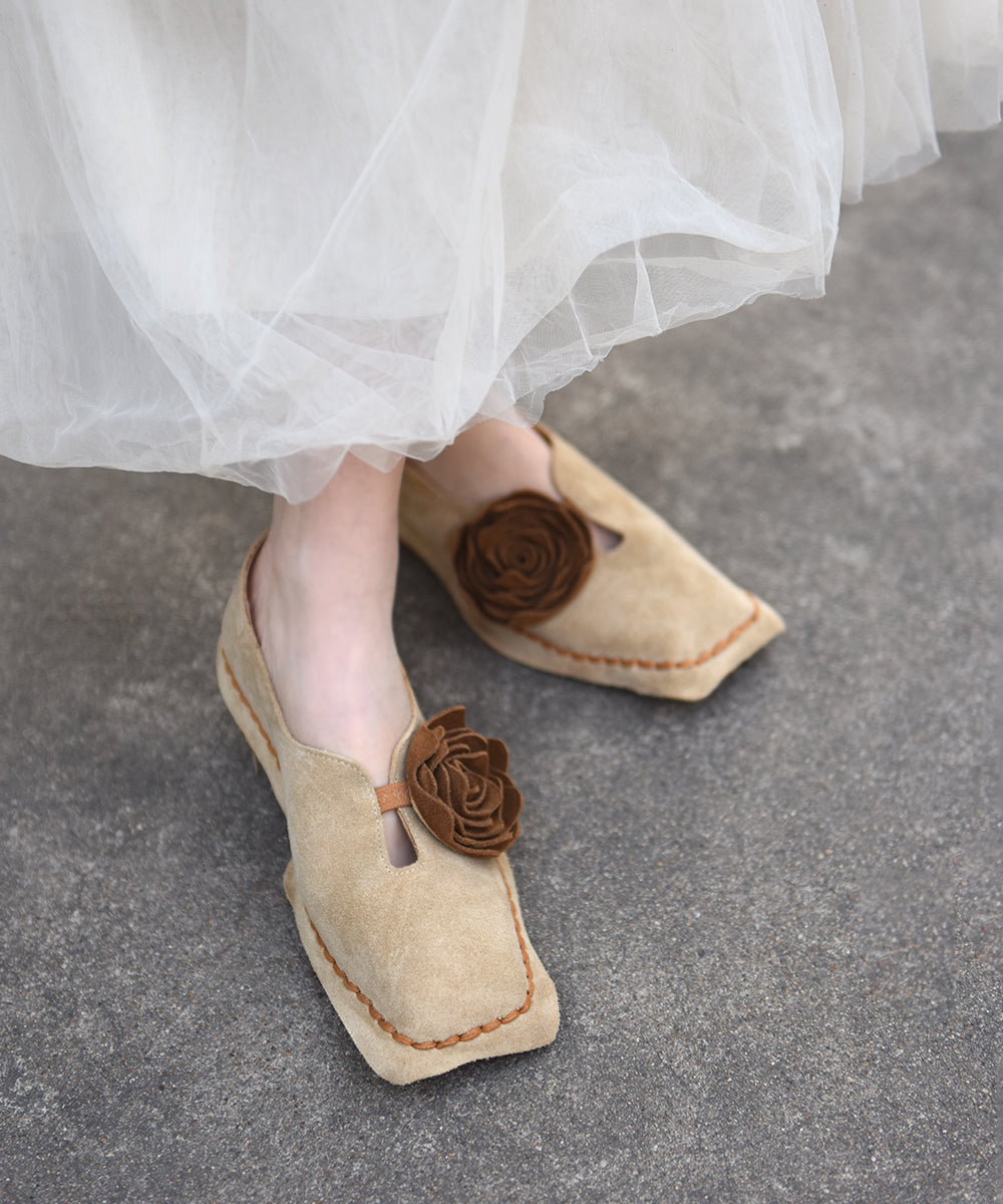 Retro Shoes Suede Apricot Flat Flower Square Original Toe