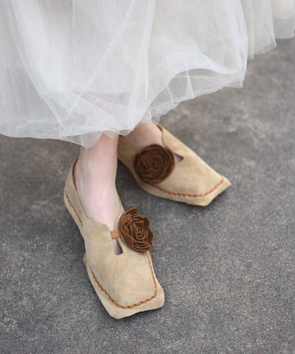 Retro Shoes Suede Apricot Flat Flower Square Original Toe