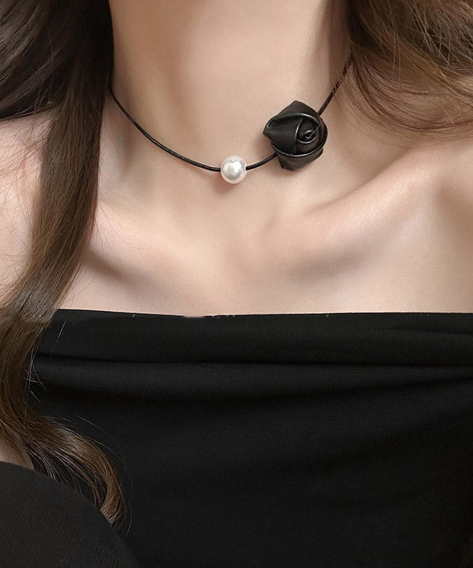 Original Silk Stainless Steel PU Pearl Rose Pendant Necklace YA028