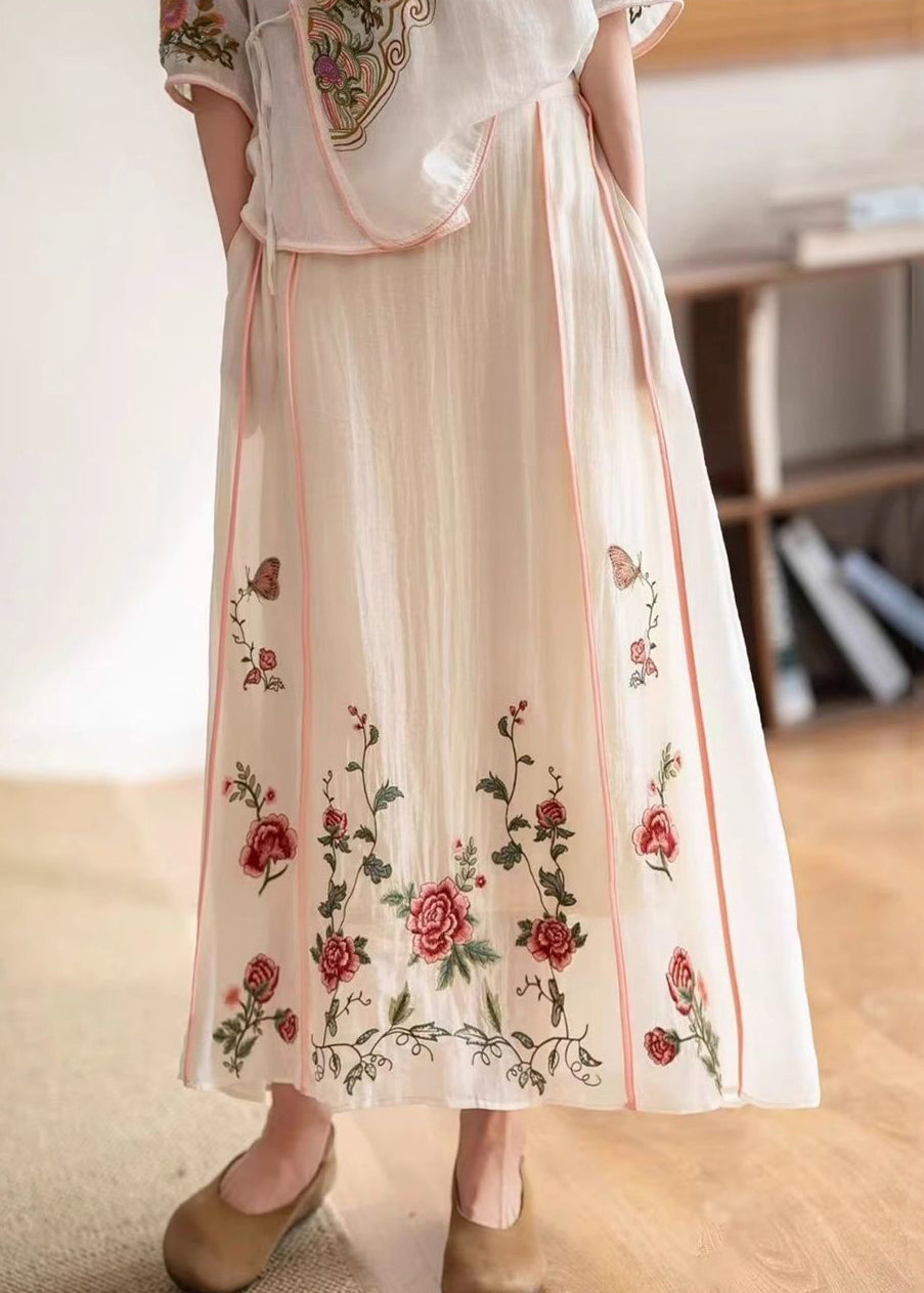 White Elastic Pockets Skirt Embroidered Waist Original Cotton