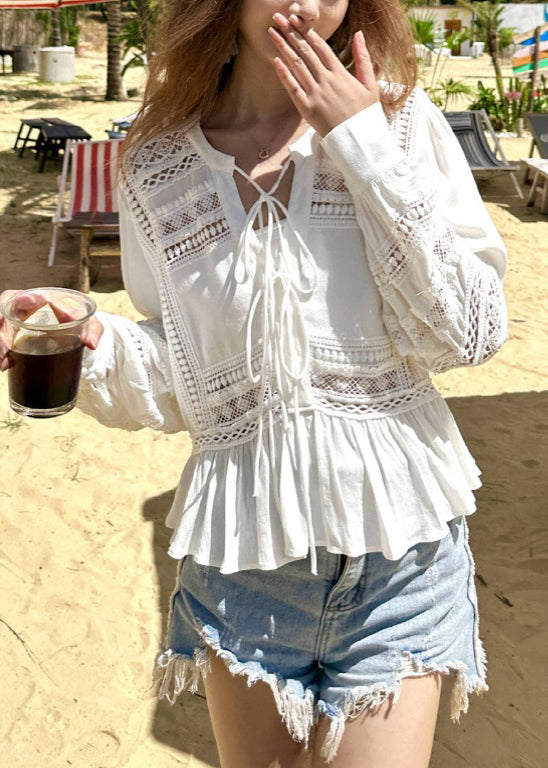 Hollow Original Fall Up Out Lace Cotton White Shirt