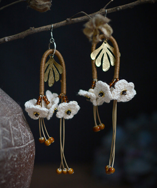 Original White Sterling Silver Handmade Weaving Floral Tassel Drop Earrings RG013