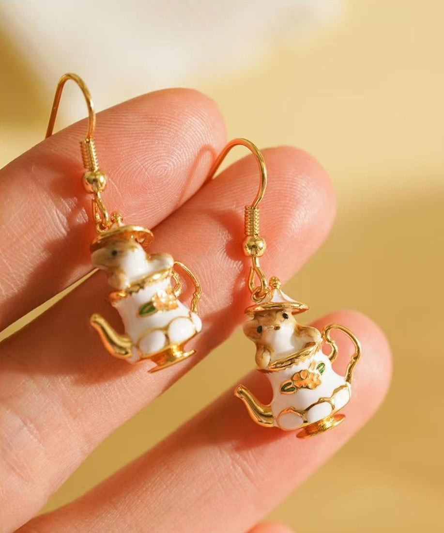 Original White Sterling Silver Overgild Teacup Squirrel Drop Earrings QU037