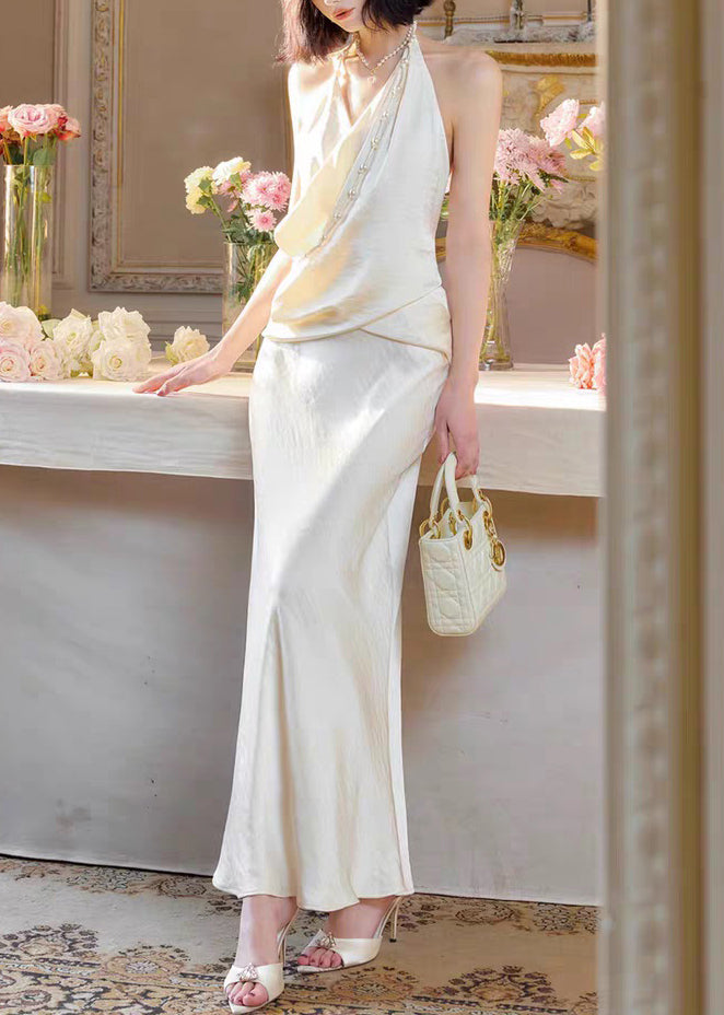 Original Pearl Long Silk Neck Backless White V Dress Sleeveless