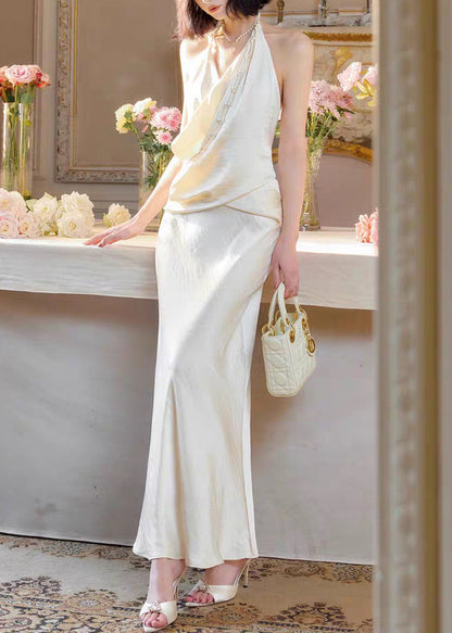 Original Pearl Long Silk Neck Backless White V Dress Sleeveless