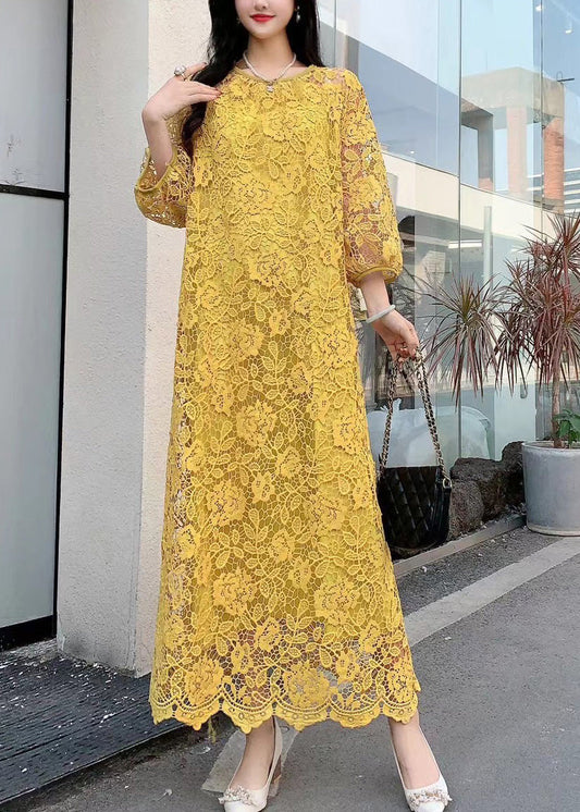 Robe d'été originale en dentelle brodée à col rond et ajourée jaune XX061