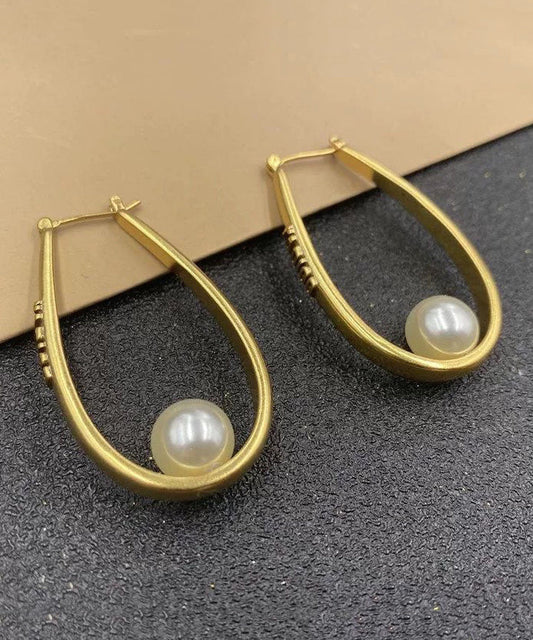 Oversize Gold Copper Overgild Elliptical Pearl Letter Hoop Earrings QU043