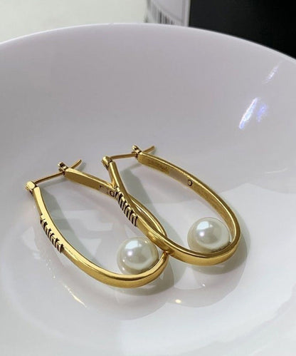 Oversize Gold Copper Overgild Elliptical Pearl Letter Hoop Earrings QU043