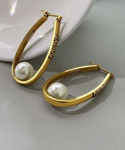 Oversize Gold Copper Overgild Elliptical Pearl Letter Hoop Earrings QU043