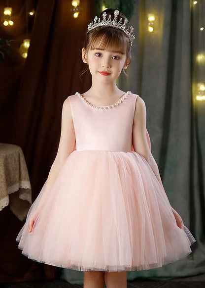 Robe d'été en tulle à imprimé floral et nœud rose pour fille TT029