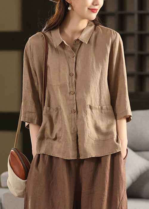 Sleeve Pink Blouses Button Bracelet Linen Pan Pockets Peter