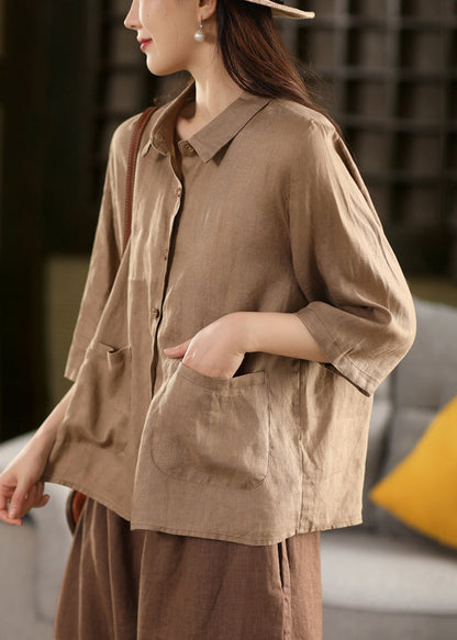 Sleeve Pink Blouses Button Bracelet Linen Pan Pockets Peter