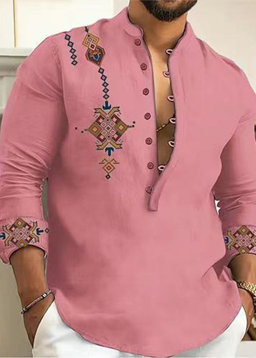 Cotton Print Oversized Collar Button Pink Stand Fall Shirts Men