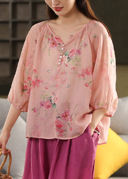 Print Button Pink V Summer Neck Blouse Linen Top