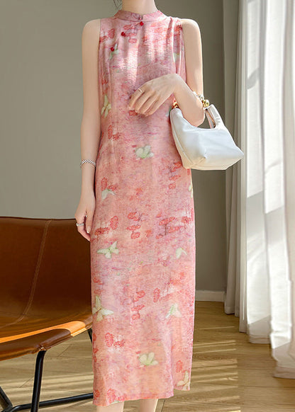 Button Long Dresses Cotton Summer Silk Collar Pink Stand
