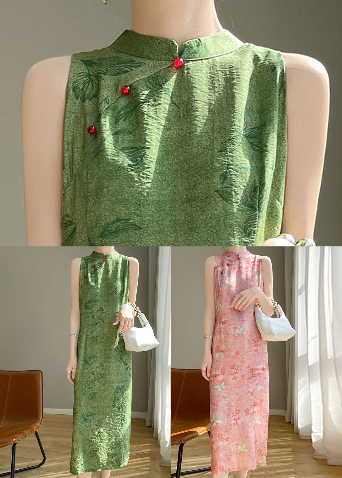 Button Long Dresses Cotton Summer Silk Collar Pink Stand