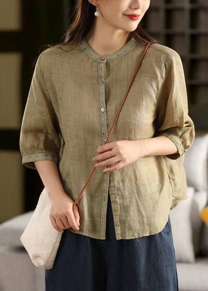 Solid Summer Button Embroidered Linen Blouse Pink