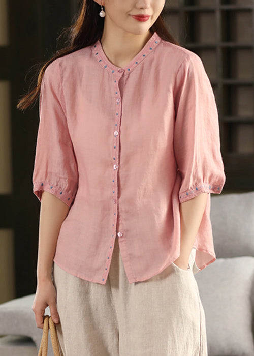 Solid Summer Button Embroidered Linen Blouse Pink