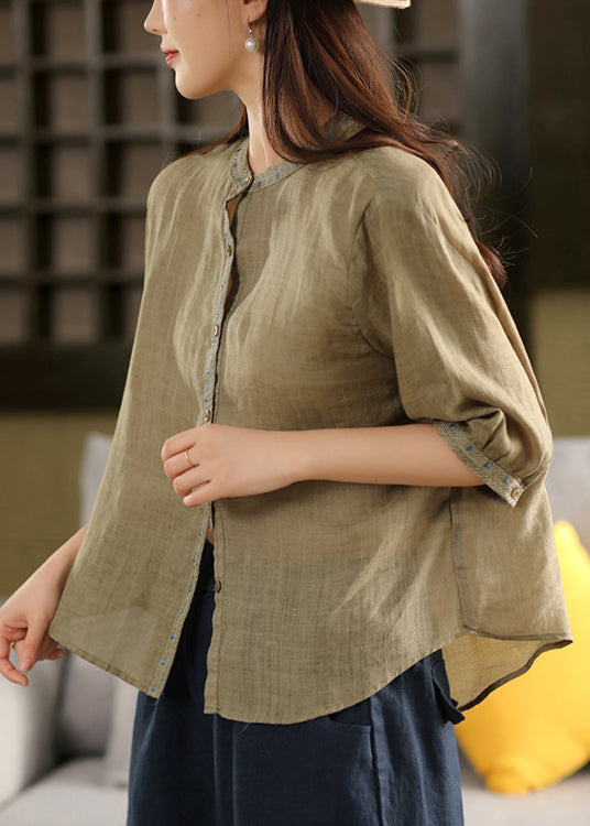 Solid Summer Button Embroidered Linen Blouse Pink
