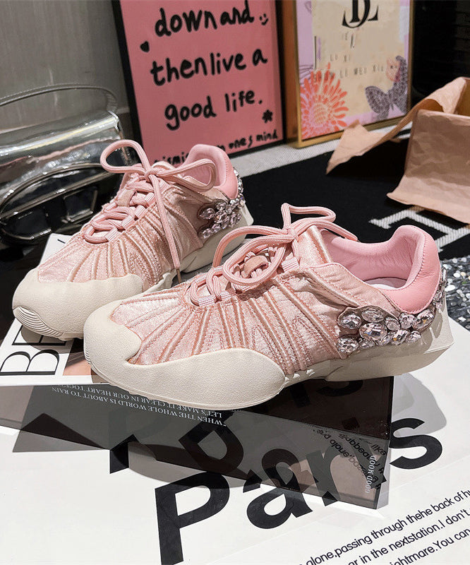 Flat Lace Pink Women Splicing Canvas Zircon Shoes Up For