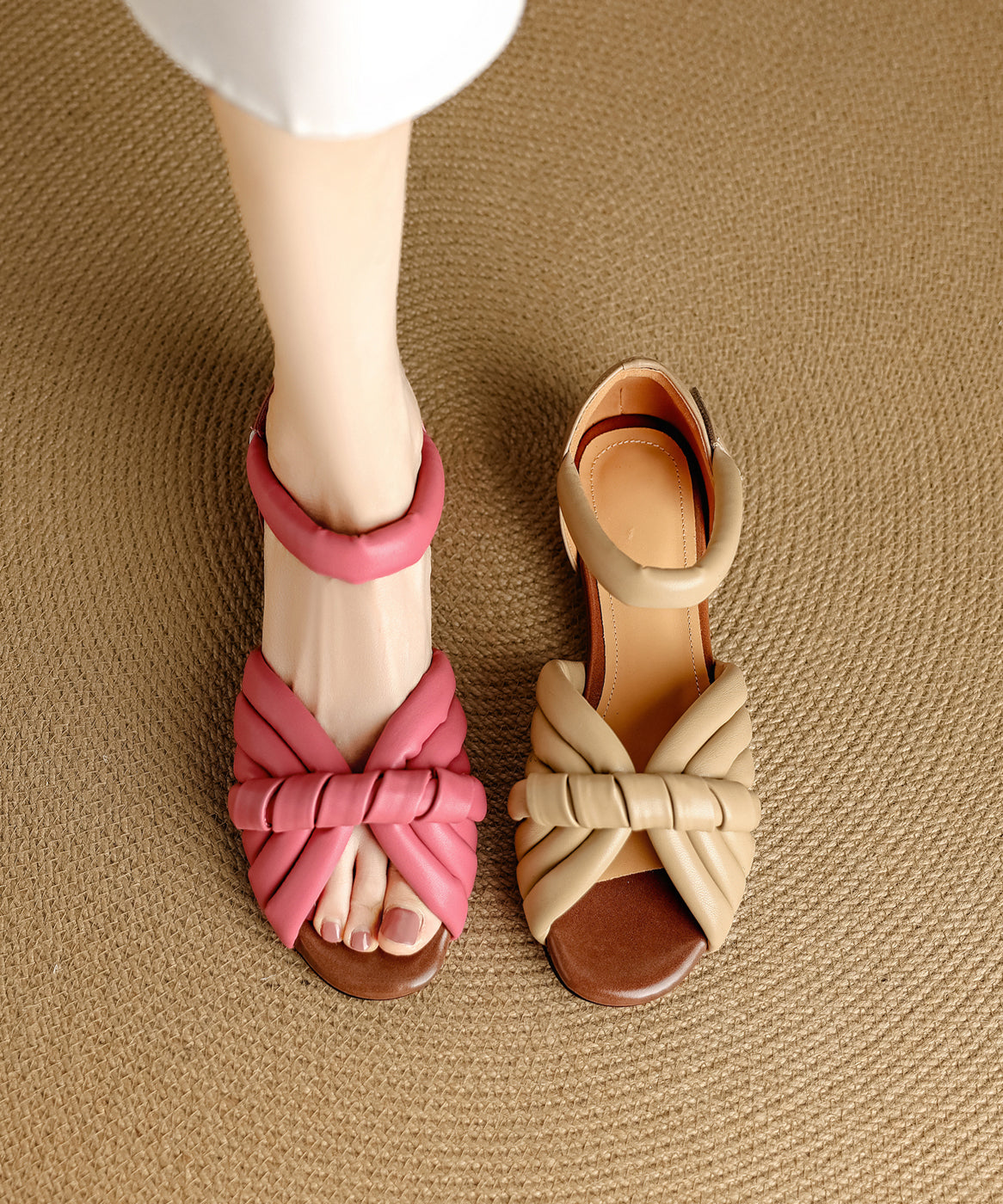 Cowhide Peep Toe Leather Pink Splicing Slide Sandals