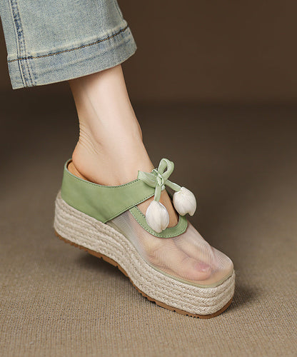 Tulle Sandals Leather Cowhide Pink Heels Splicing Wedge Slide