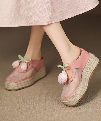 Tulle Sandals Leather Cowhide Pink Heels Splicing Wedge Slide