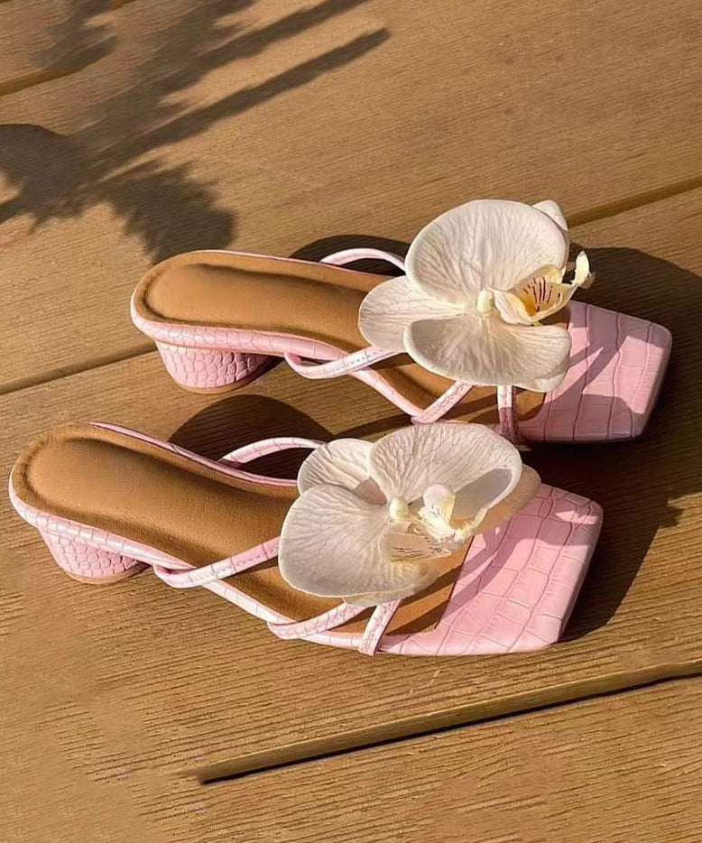 Pink Floral Sandals Peep Slide Splicing Toe Chunky