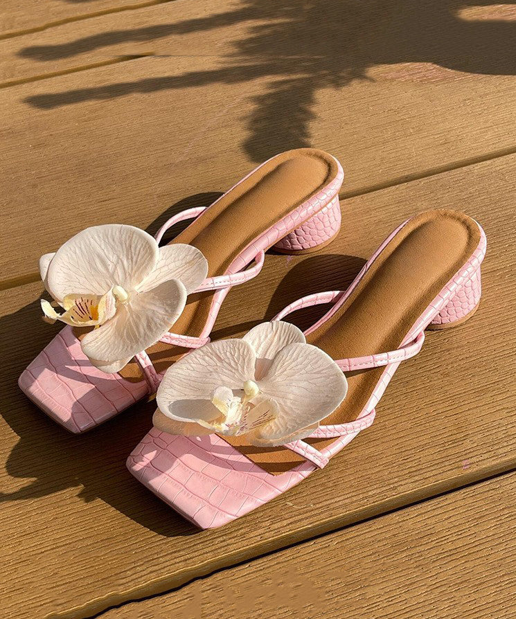 Pink Floral Sandals Peep Slide Splicing Toe Chunky