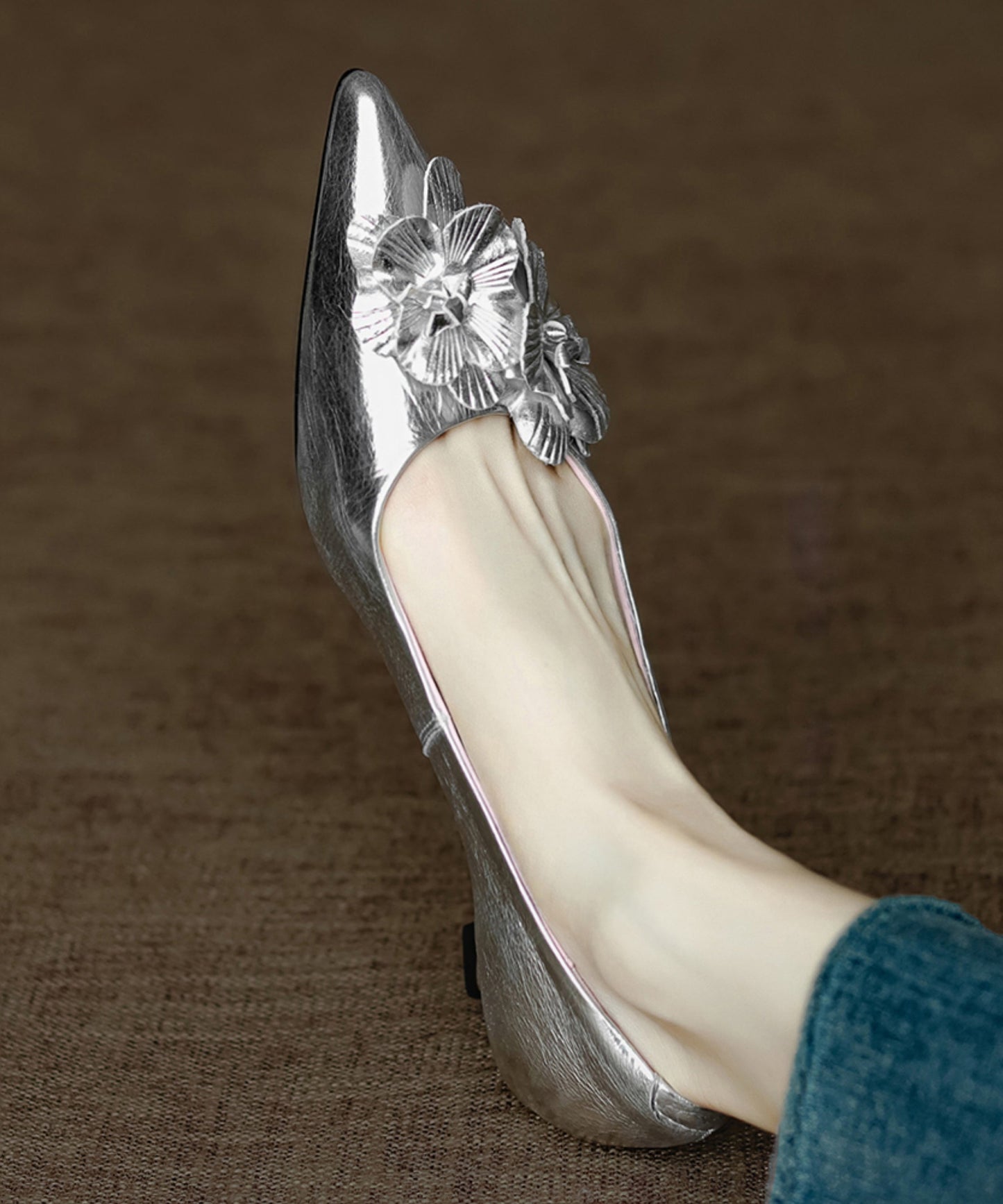 Heel High Toe Sheepskin Pink Pointed Floral Unique Splicing