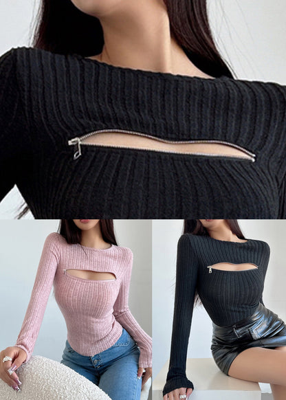 Pink Hollow Out Knit Fall Sweaters Zip Up AL1052