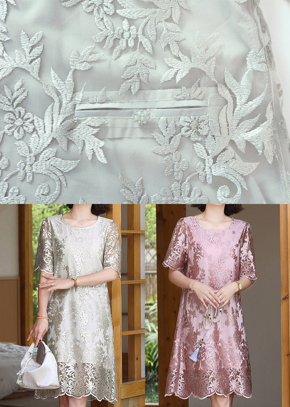 Robe mi-longue en soie jacquard rose coupe ajustée été YY006