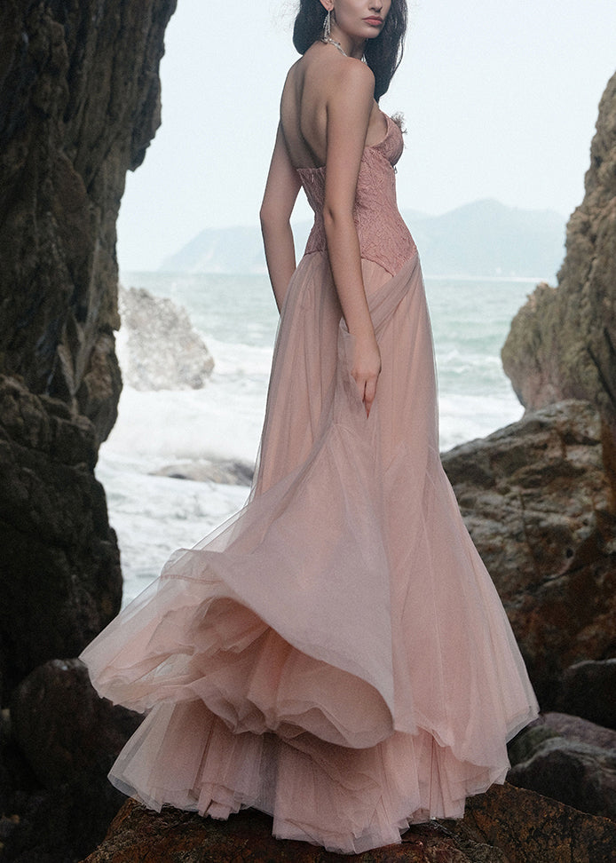 Summer Lace Dresses Backless Tulle Pink Maxi Patchwork