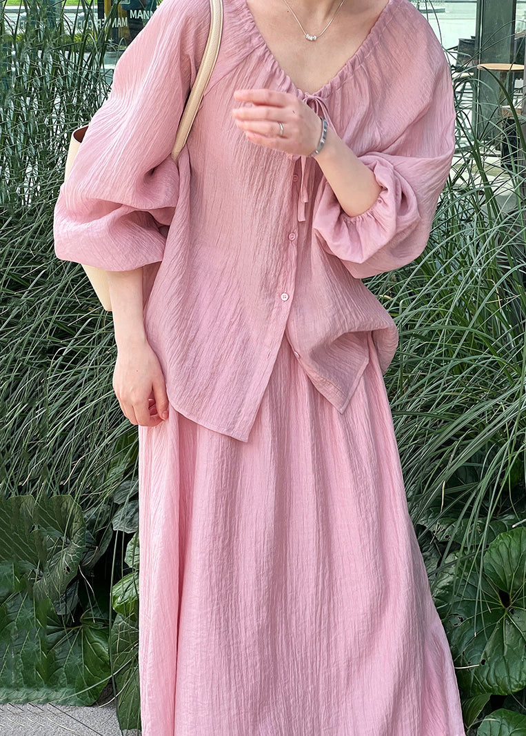 Lace Silk Two Up Wrinkled Shirt Pieces Skirts Set Pink Fall And