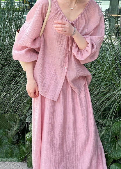 Lace Silk Two Up Wrinkled Shirt Pieces Skirts Set Pink Fall And