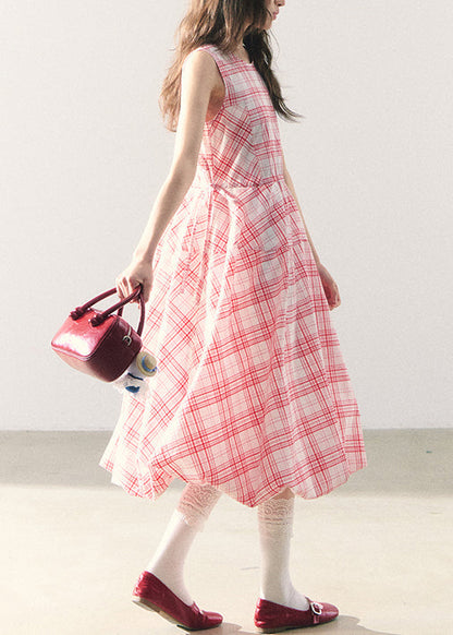Long Lace Up Dress Zippered Summer Pink Cotton Plaid