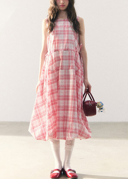 Long Lace Up Dress Zippered Summer Pink Cotton Plaid