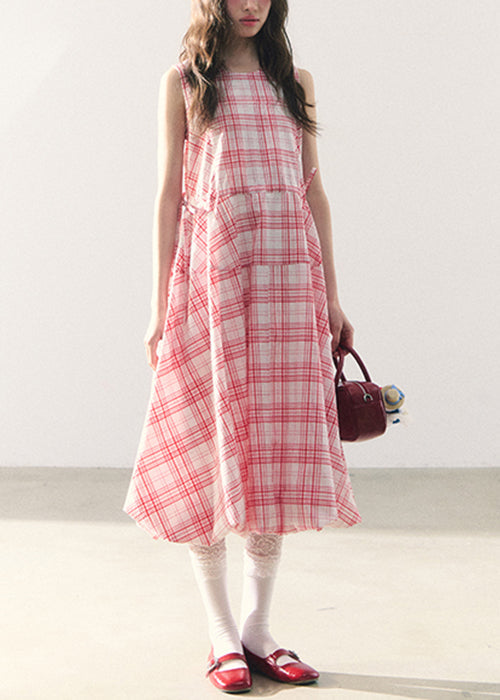 Long Lace Up Dress Zippered Summer Pink Cotton Plaid