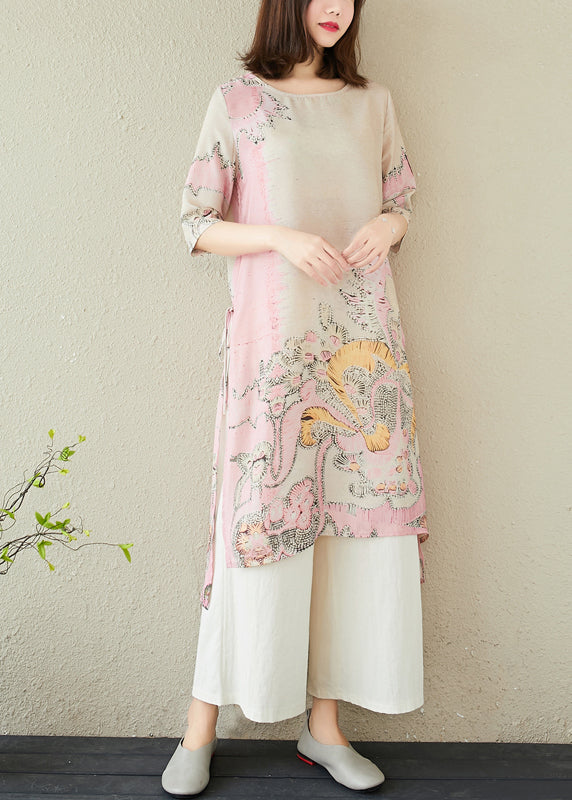 Dress Linen Pink Side Print Open Long Summer