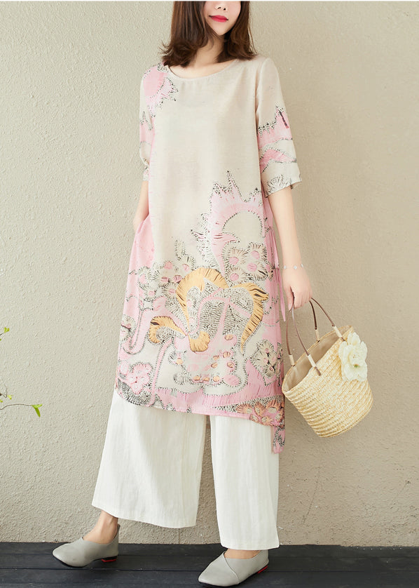 Dress Linen Pink Side Print Open Long Summer
